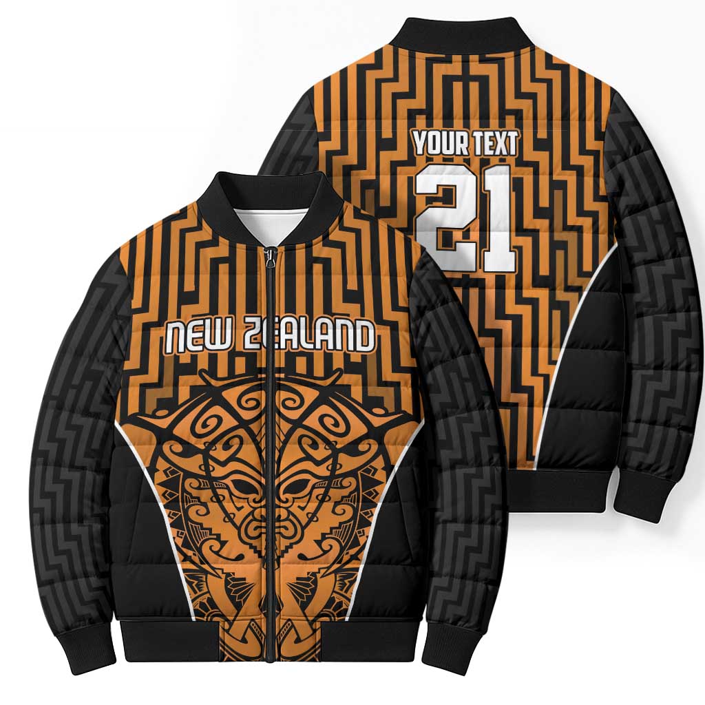 Custom Basketball New Zealand Bomber Puffer Jacket Gold Maori Ta Moko Indigenous - Polynesian Pride