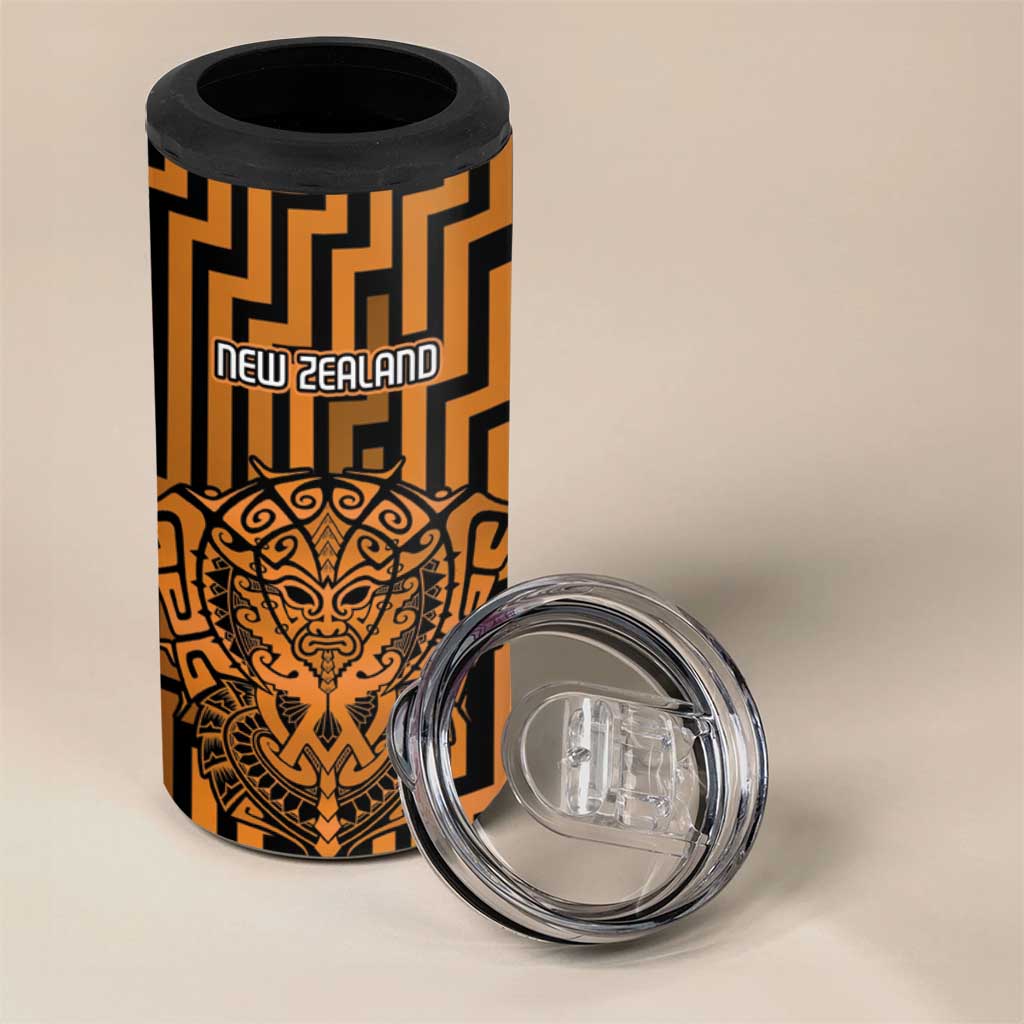 Custom Basketball New Zealand 4 in 1 Can Cooler Tumbler Gold Maori Ta Moko Indigenous - Polynesian Pride