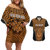 Custom Basketball New Zealand Couples Matching Off Shoulder Short Dress and Hawaiian Shirt Gold Maori Ta Moko Indigenous - Polynesian Pride