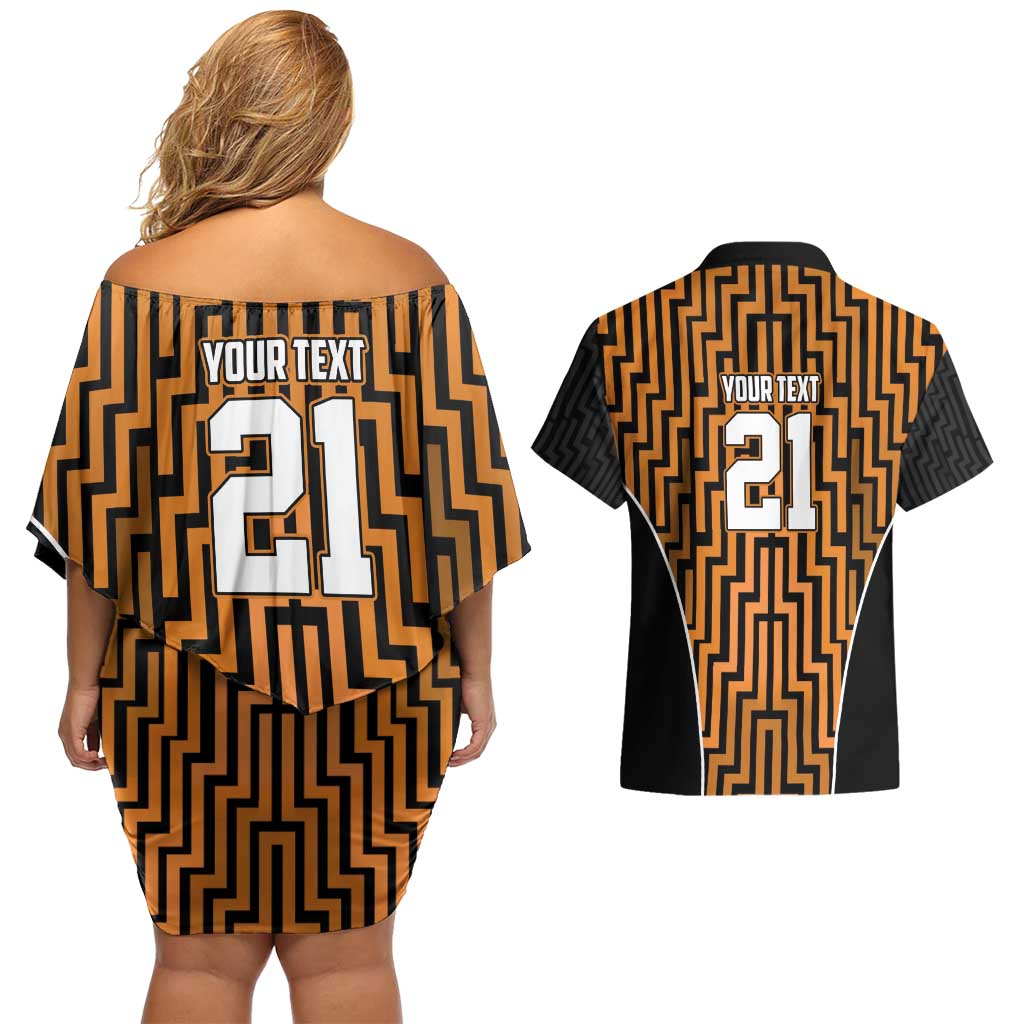 Custom Basketball New Zealand Couples Matching Off Shoulder Short Dress and Hawaiian Shirt Gold Maori Ta Moko Indigenous - Polynesian Pride