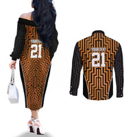 Custom Basketball New Zealand Couples Matching Off The Shoulder Long Sleeve Dress and Long Sleeve Button Shirt Gold Maori Ta Moko Indigenous - Polynesian Pride
