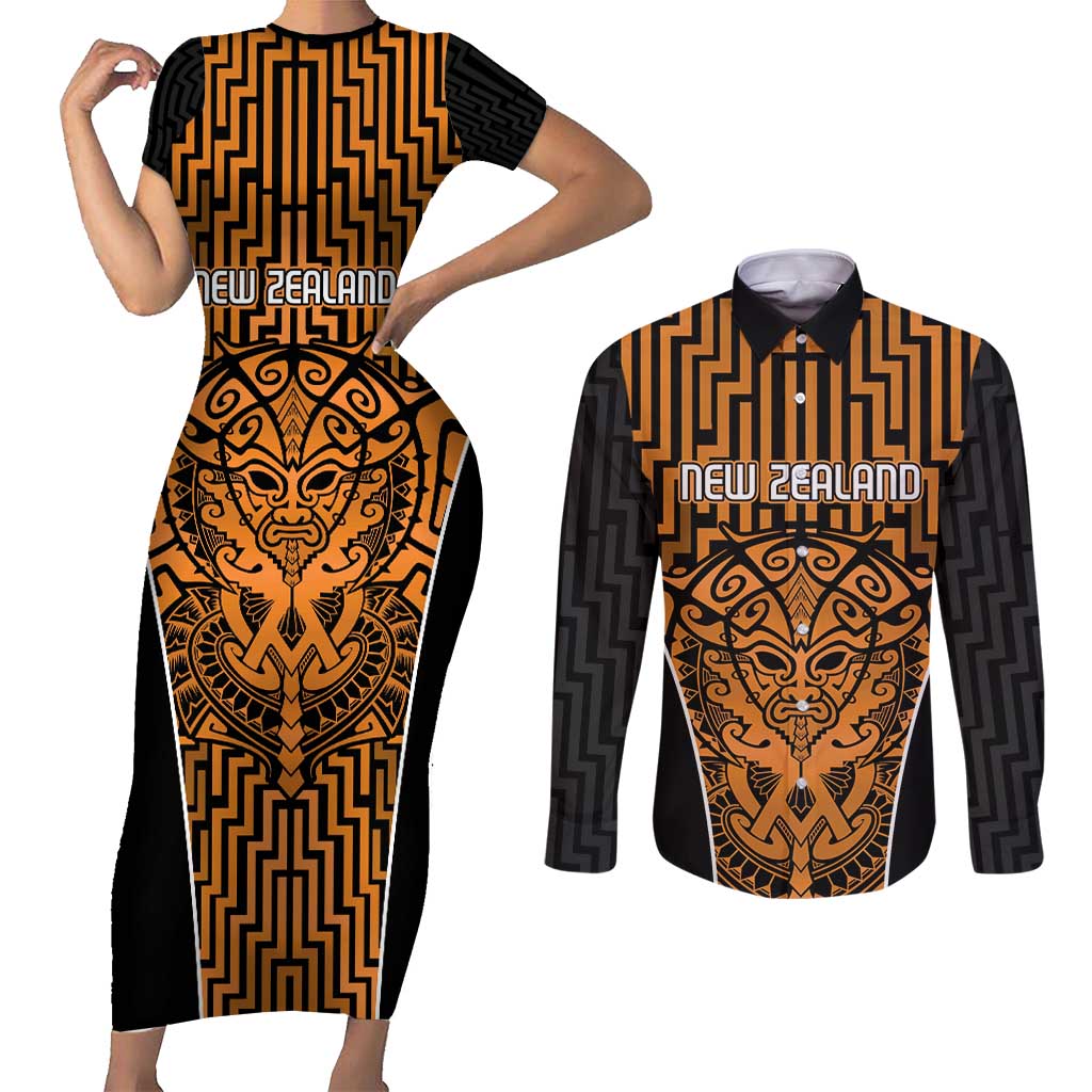 Custom Basketball New Zealand Couples Matching Short Sleeve Bodycon Dress and Long Sleeve Button Shirt Gold Maori Ta Moko Indigenous - Polynesian Pride