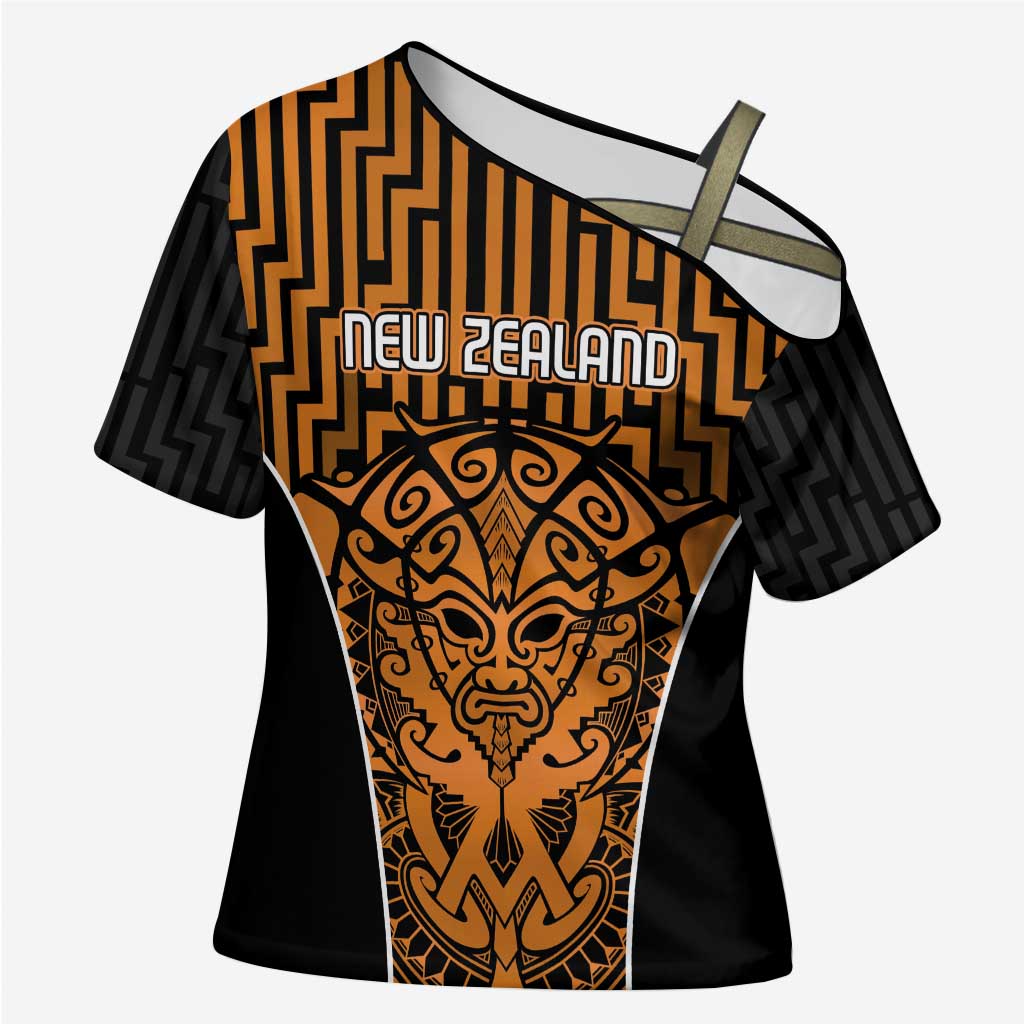 Custom Basketball New Zealand Cross Shoulder Shirt Gold Maori Ta Moko Indigenous - Polynesian Pride