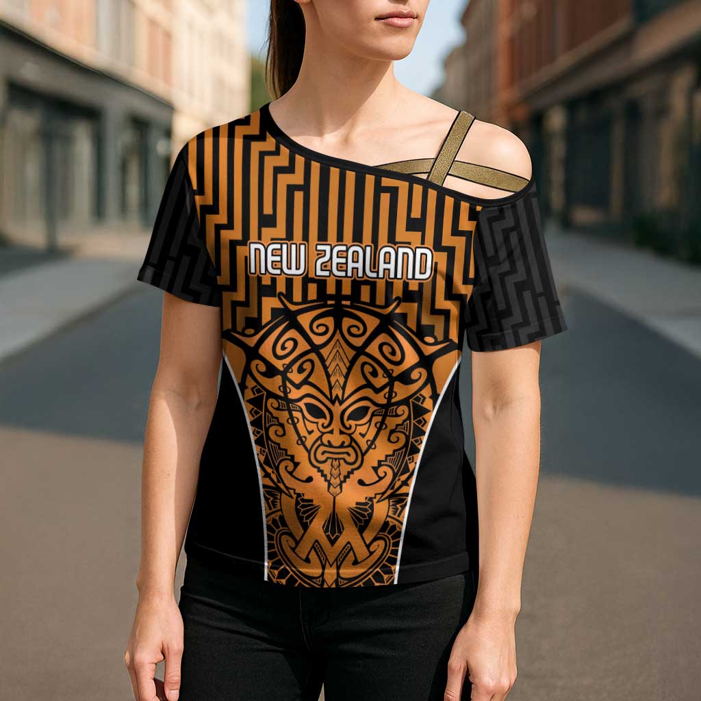 Custom Basketball New Zealand Cross Shoulder Shirt Gold Maori Ta Moko Indigenous - Polynesian Pride
