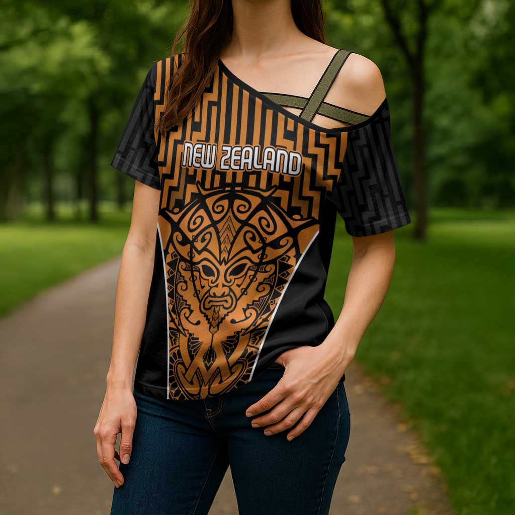 Custom Basketball New Zealand Cross Shoulder Shirt Gold Maori Ta Moko Indigenous - Polynesian Pride