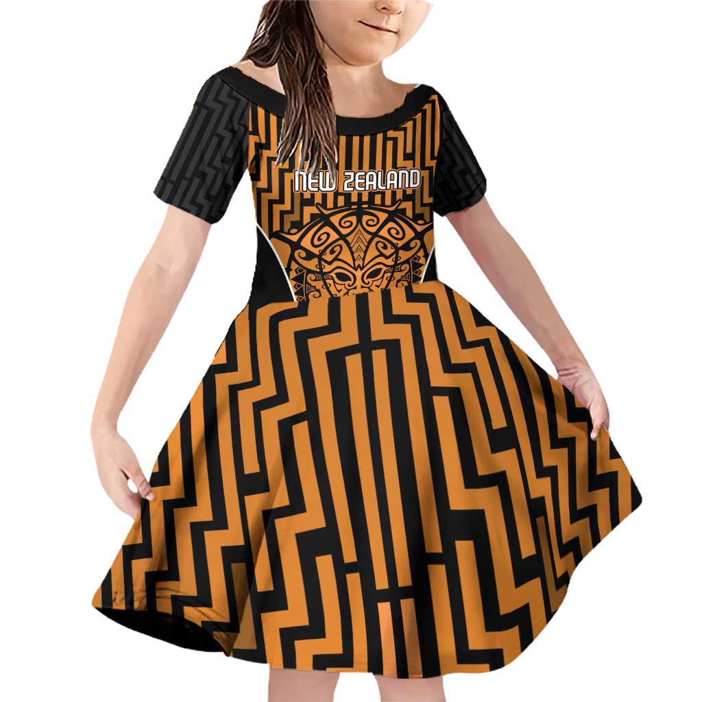 Custom Basketball New Zealand Family Matching Off Shoulder Short Dress and Hawaiian Shirt Gold Maori Ta Moko Indigenous - Polynesian Pride