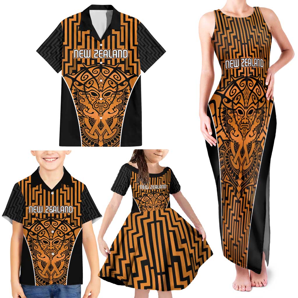 Custom Basketball New Zealand Family Matching Tank Maxi Dress and Hawaiian Shirt Gold Maori Ta Moko Indigenous - Polynesian Pride