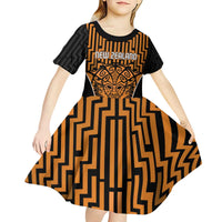 Custom Basketball New Zealand Kid Short Sleeve Dress Gold Maori Ta Moko Indigenous - Polynesian Pride