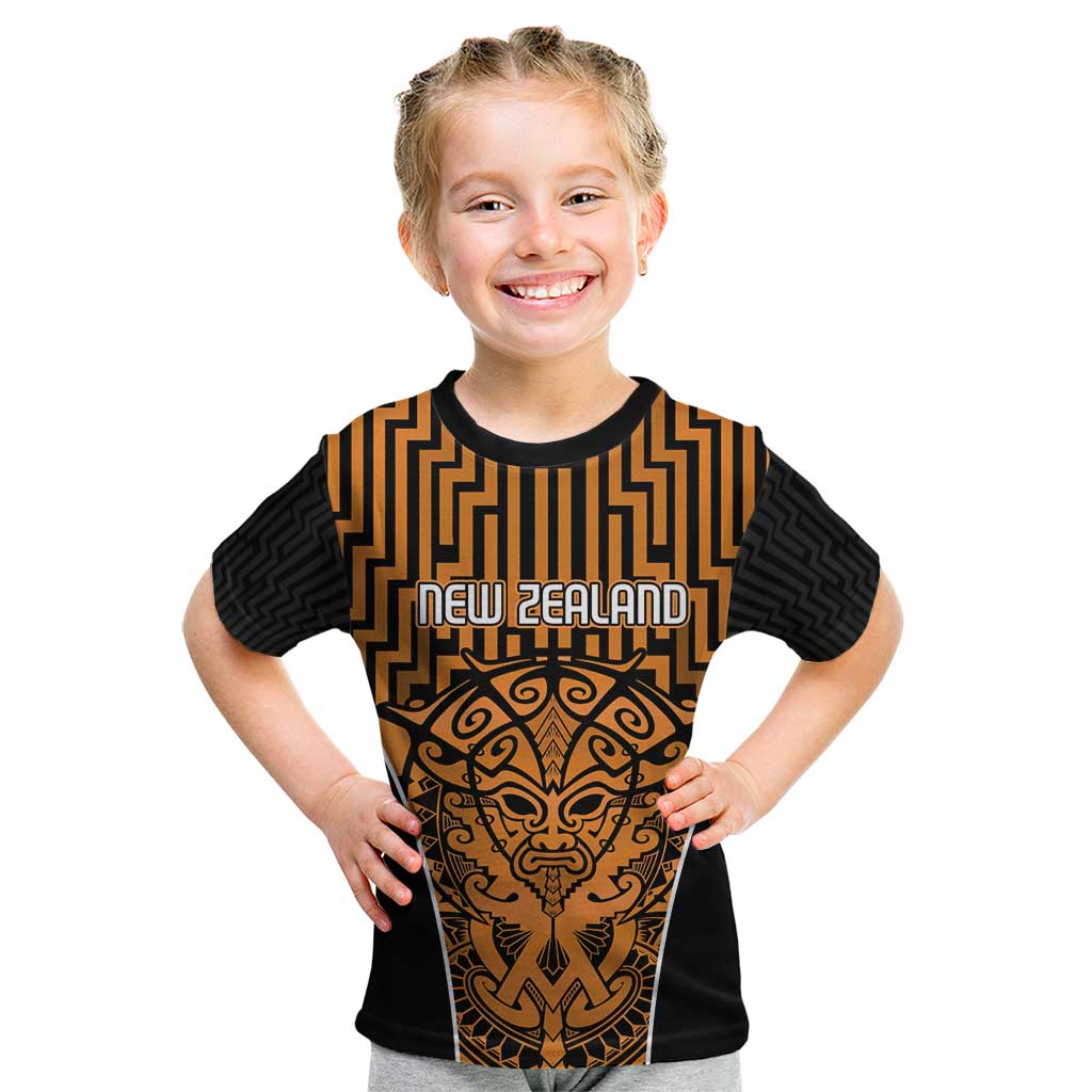 Custom Basketball New Zealand Kid T Shirt Gold Maori Ta Moko Indigenous - Polynesian Pride