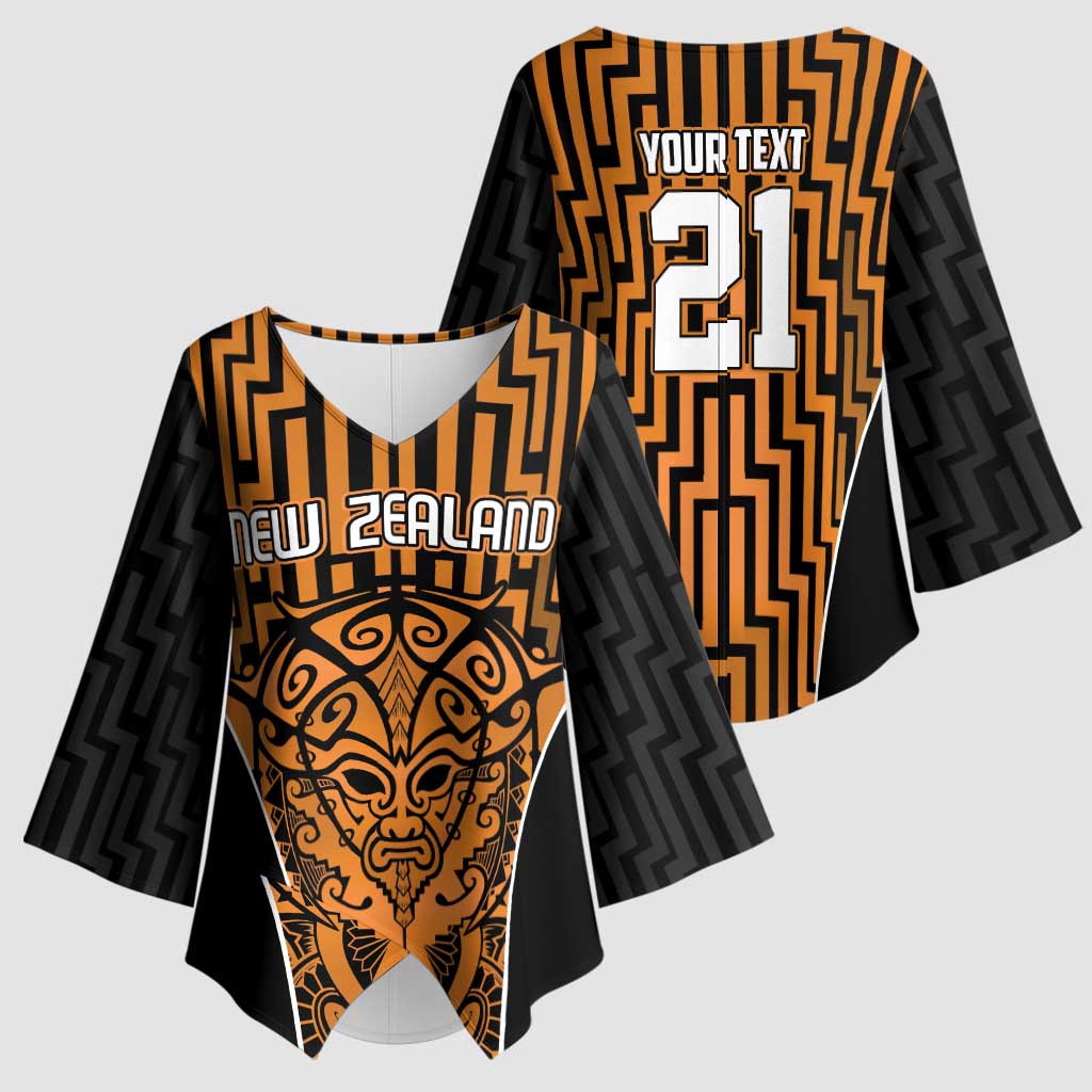 Custom Basketball New Zealand Kimono Sleeve Blouse Gold Maori Ta Moko Indigenous - Polynesian Pride