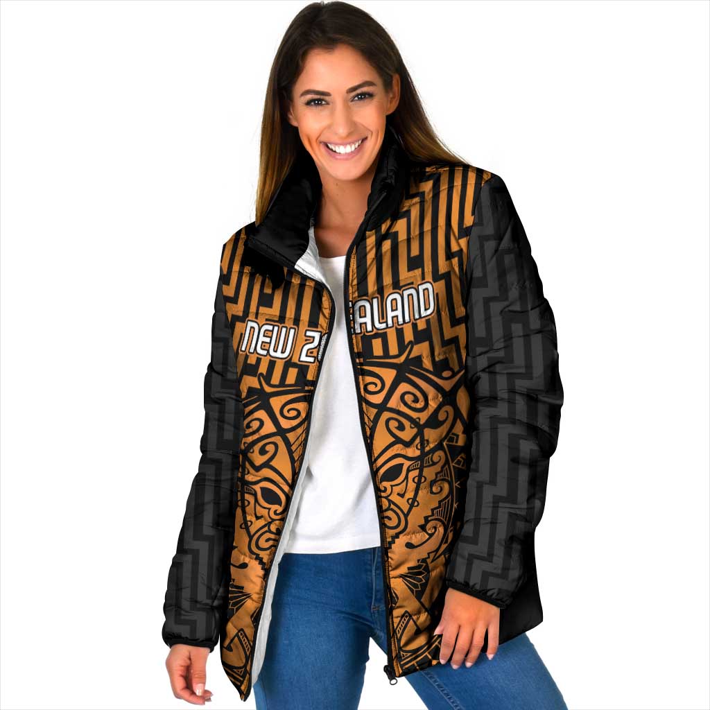 Custom Basketball New Zealand Padded Jacket Gold Maori Ta Moko Indigenous - Polynesian Pride