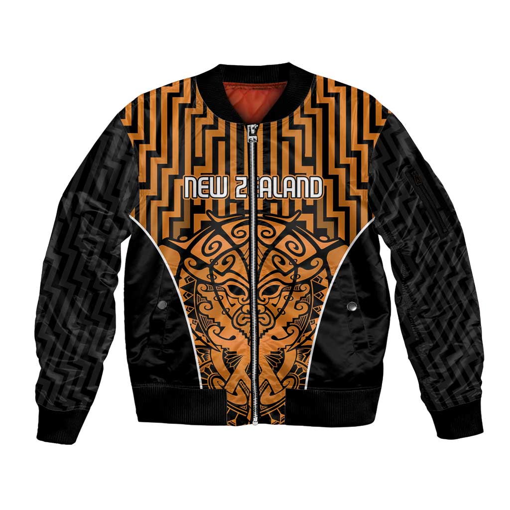 Custom Basketball New Zealand Sleeve Zip Bomber Jacket Gold Maori Ta Moko Indigenous - Polynesian Pride