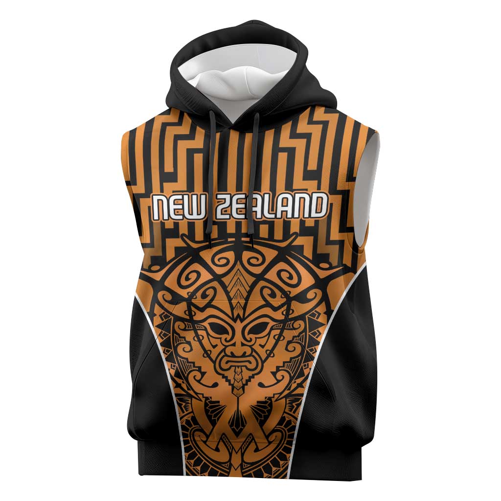 Custom Basketball New Zealand Sleeveless Hoodie Gold Maori Ta Moko Indigenous - Polynesian Pride