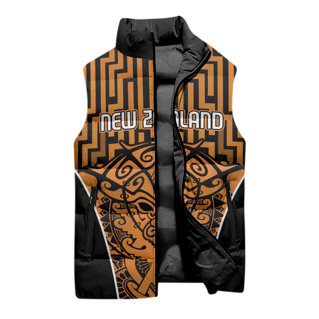 Custom Basketball New Zealand Sleeveless Puffer Jacket Gold Maori Ta Moko Indigenous - Polynesian Pride