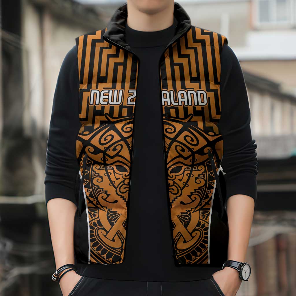 Custom Basketball New Zealand Sleeveless Puffer Jacket Gold Maori Ta Moko Indigenous - Polynesian Pride