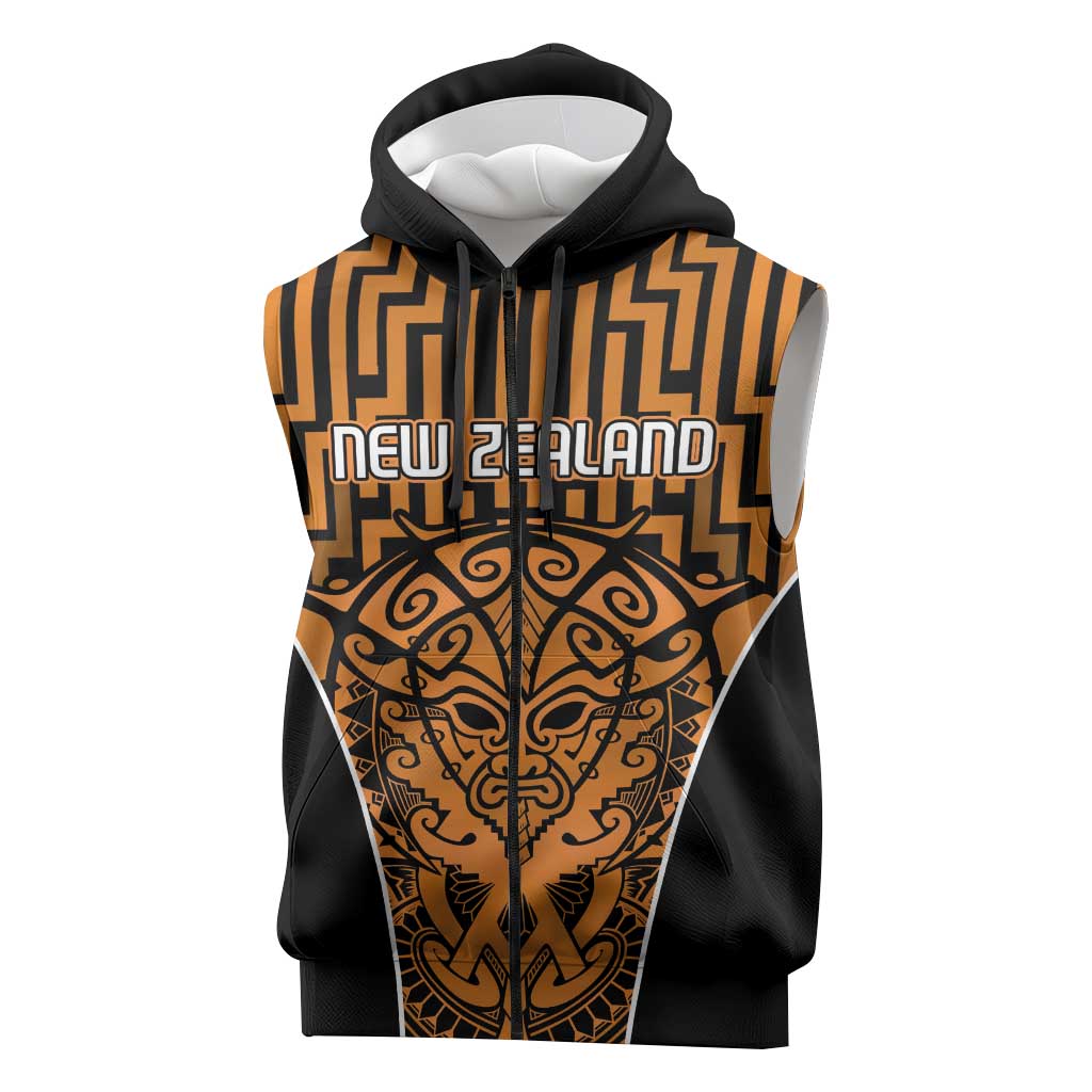 Custom Basketball New Zealand Sleeveless Zip Hoodie Gold Maori Ta Moko Indigenous - Polynesian Pride
