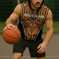 Custom Basketball New Zealand Sleeveless Zip Hoodie Gold Maori Ta Moko Indigenous - Polynesian Pride