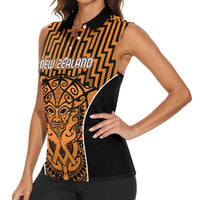 Custom Basketball New Zealand Women Sleeveless Polo Shirt Gold Maori Ta Moko Indigenous LT9 - Polynesian Pride