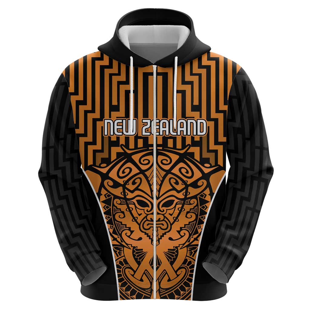 Custom Basketball New Zealand Zip Hoodie Gold Maori Ta Moko Indigenous - Polynesian Pride