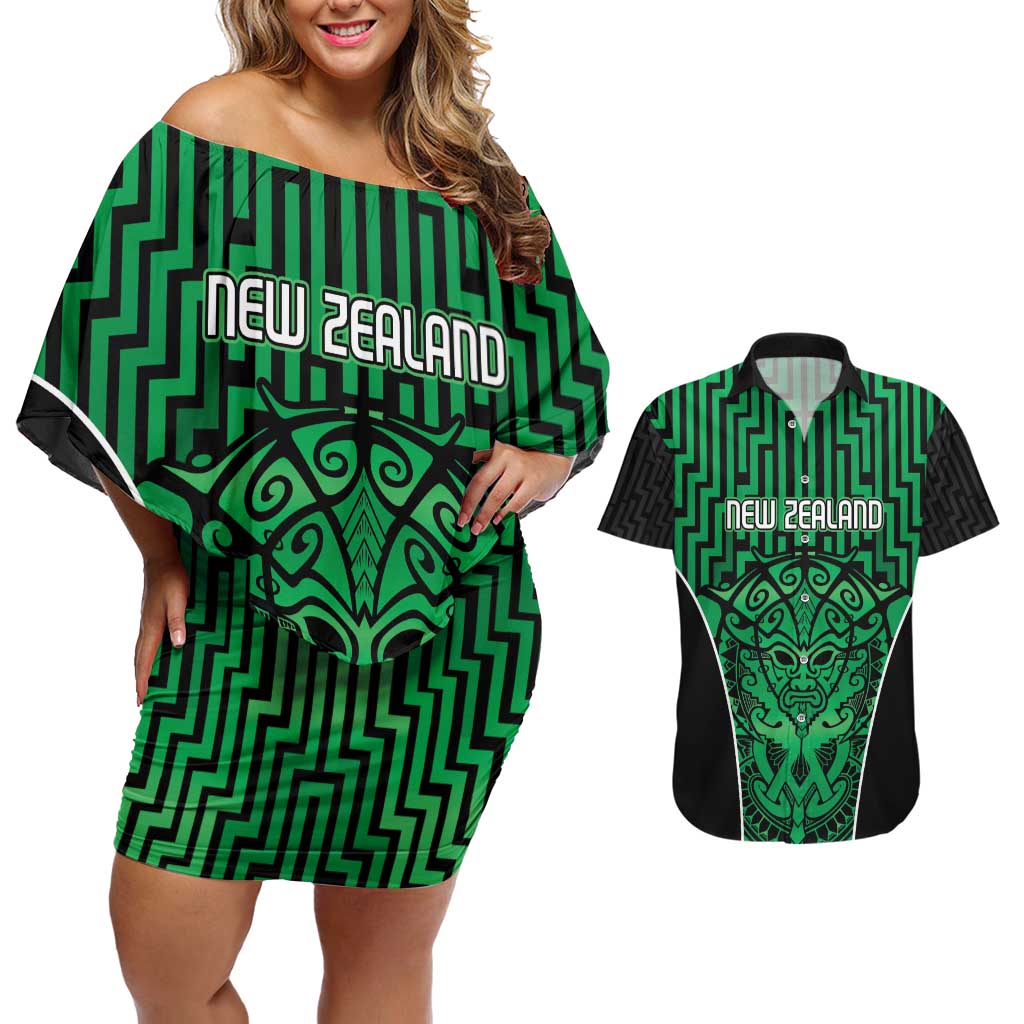 Custom Basketball New Zealand Couples Matching Off Shoulder Short Dress and Hawaiian Shirt Green Maori Ta Moko Indigenous - Polynesian Pride
