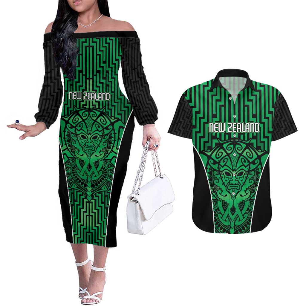 Custom Basketball New Zealand Couples Matching Off The Shoulder Long Sleeve Dress and Hawaiian Shirt Green Maori Ta Moko Indigenous - Polynesian Pride