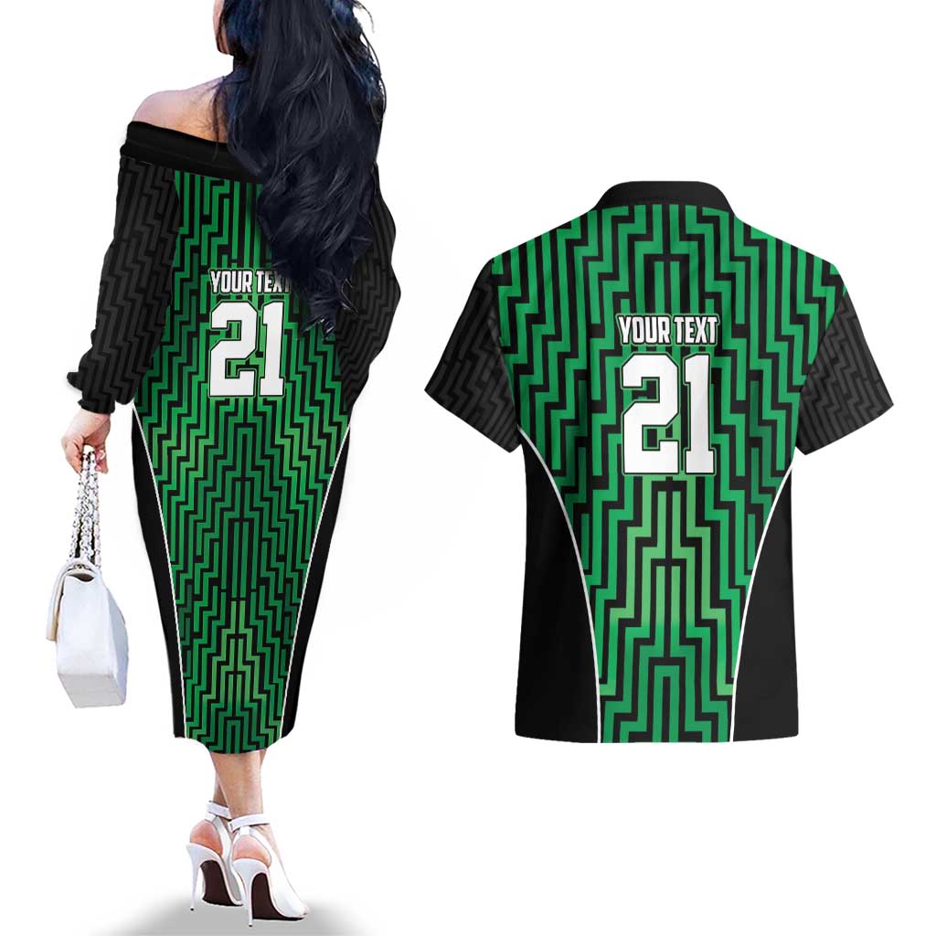 Custom Basketball New Zealand Couples Matching Off The Shoulder Long Sleeve Dress and Hawaiian Shirt Green Maori Ta Moko Indigenous - Polynesian Pride