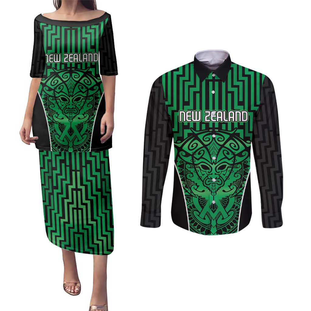 Custom Basketball New Zealand Couples Matching Puletasi and Long Sleeve Button Shirt Green Maori Ta Moko Indigenous - Polynesian Pride