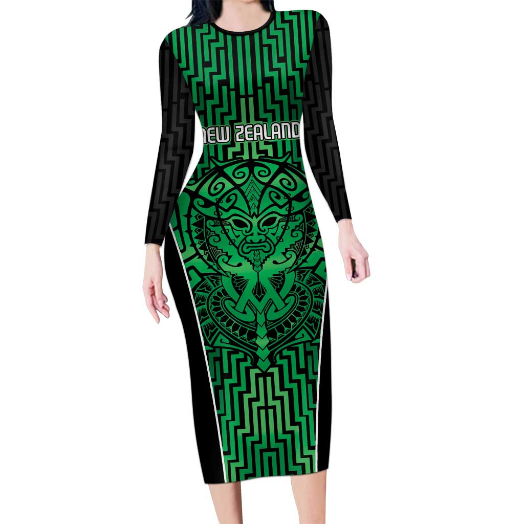 Custom Basketball New Zealand Family Matching Long Sleeve Bodycon Dress and Hawaiian Shirt Green Maori Ta Moko Indigenous - Polynesian Pride