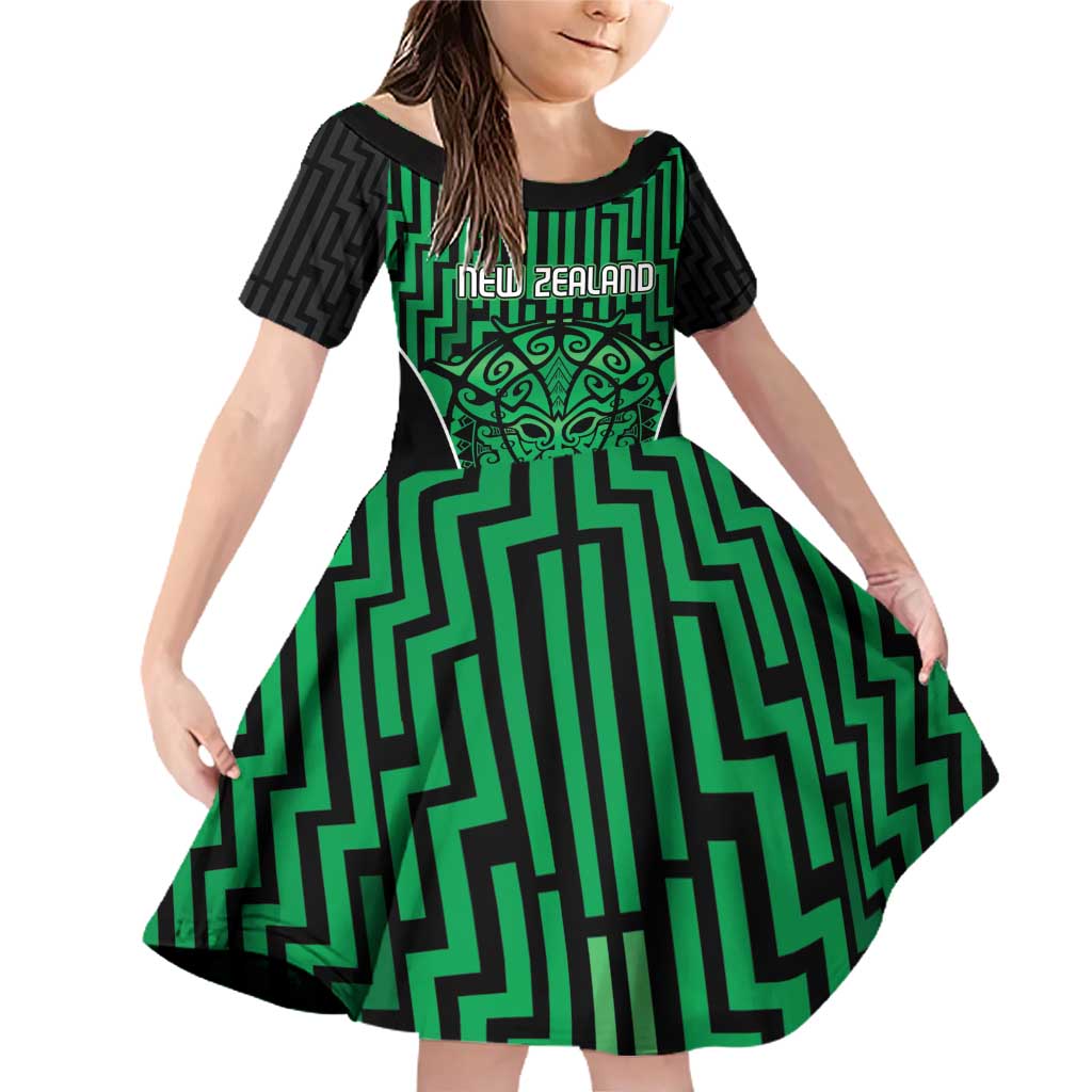 Custom Basketball New Zealand Family Matching Off Shoulder Short Dress and Hawaiian Shirt Green Maori Ta Moko Indigenous - Polynesian Pride