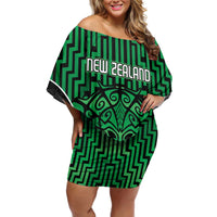 Custom Basketball New Zealand Family Matching Off Shoulder Short Dress and Hawaiian Shirt Green Maori Ta Moko Indigenous - Polynesian Pride