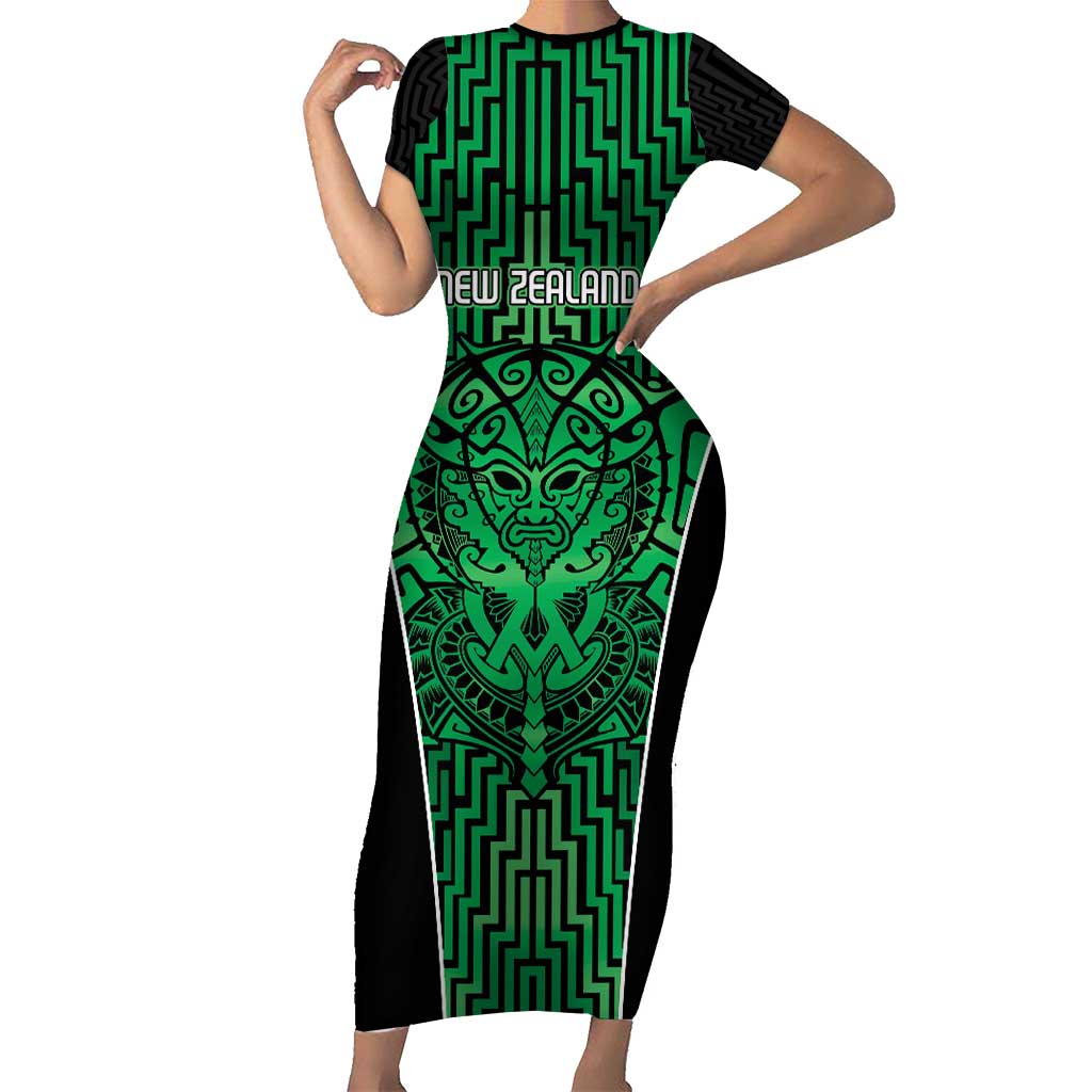 Custom Basketball New Zealand Family Matching Short Sleeve Bodycon Dress and Hawaiian Shirt Green Maori Ta Moko Indigenous - Polynesian Pride