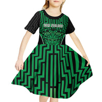 Custom Basketball New Zealand Kid Short Sleeve Dress Green Maori Ta Moko Indigenous - Polynesian Pride