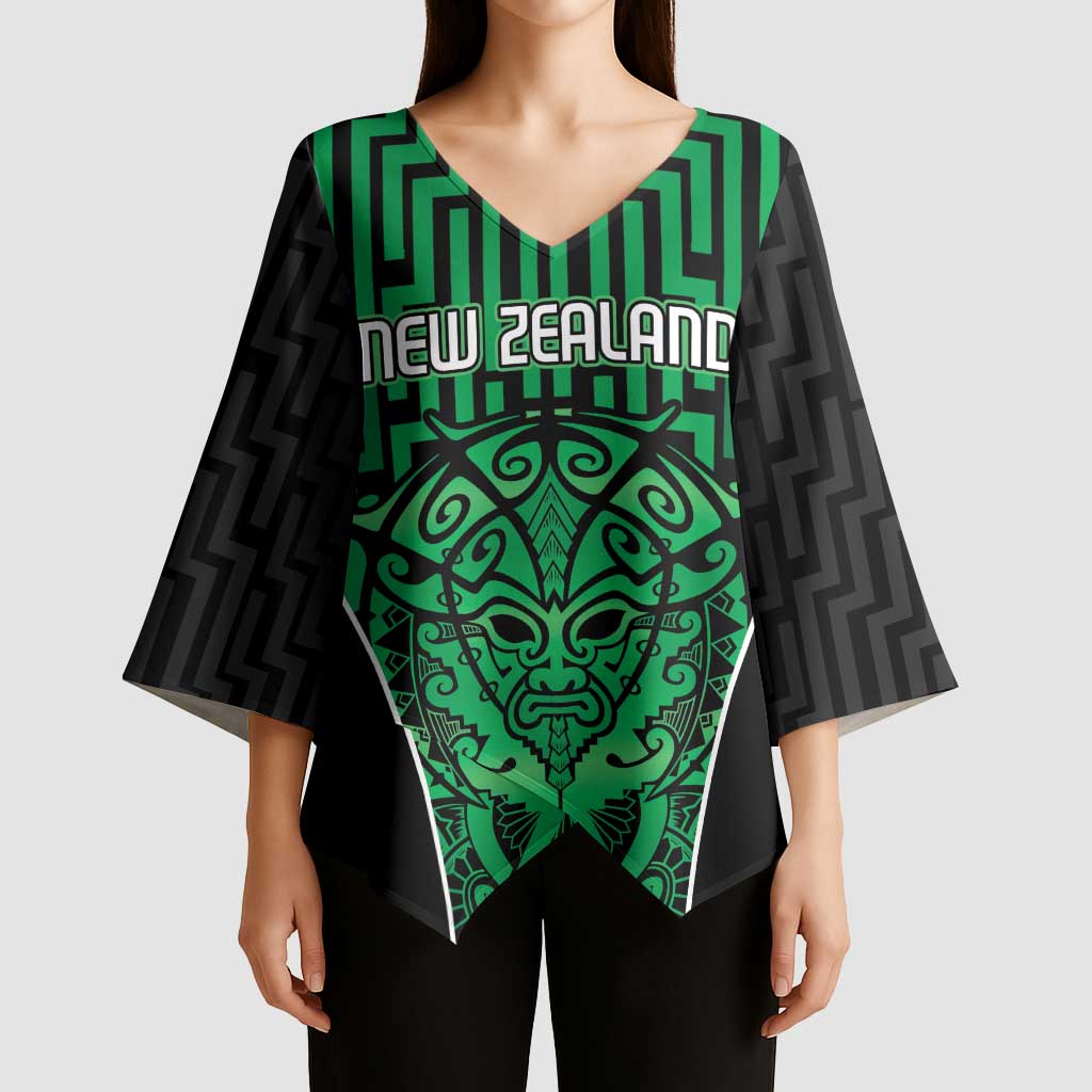 Custom Basketball New Zealand Kimono Sleeve Blouse Green Maori Ta Moko Indigenous - Polynesian Pride