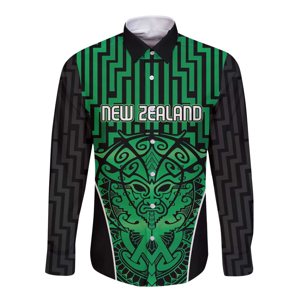 Custom Basketball New Zealand Long Sleeve Button Shirt Green Maori Ta Moko Indigenous - Polynesian Pride