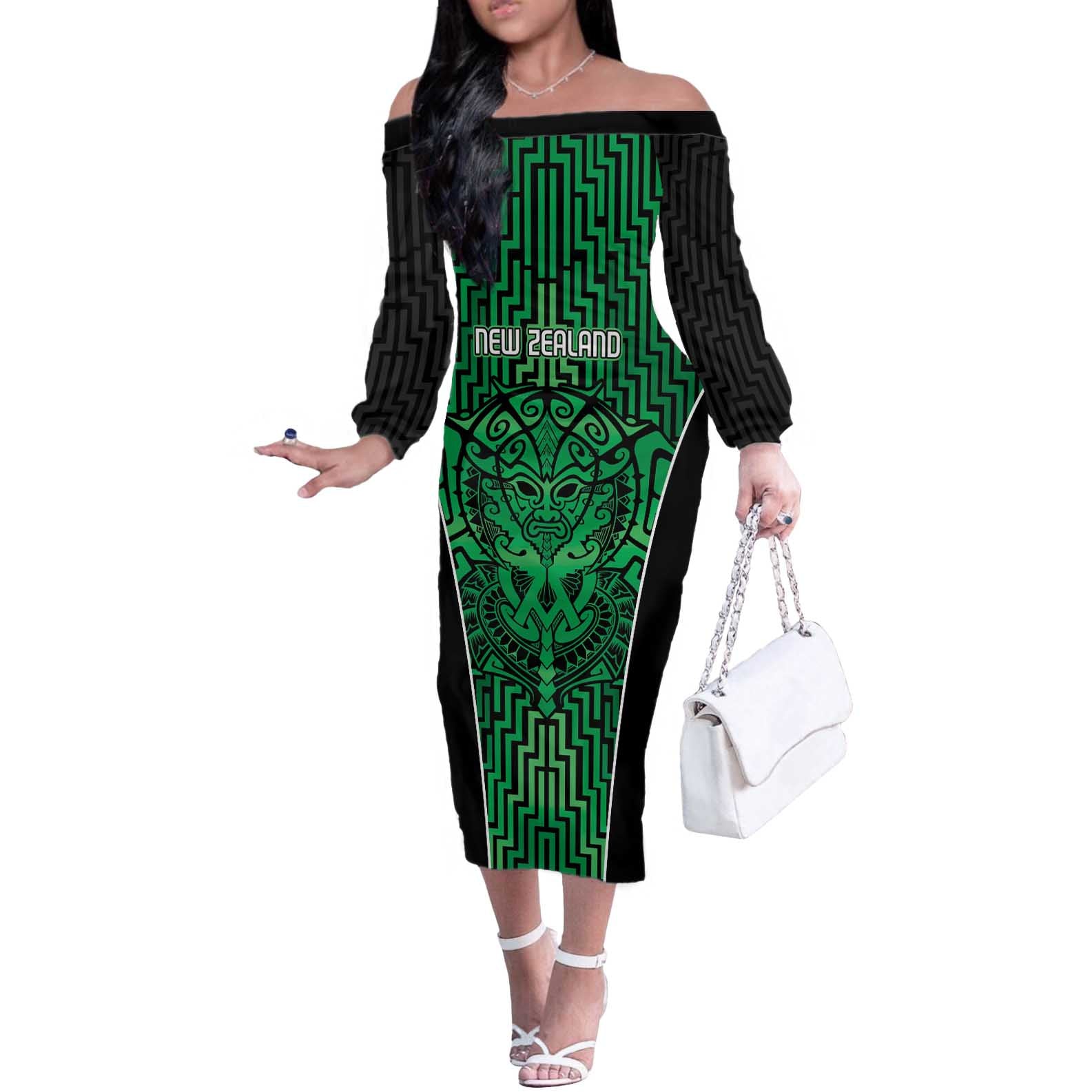 Custom Basketball New Zealand Off The Shoulder Long Sleeve Dress Green Maori Ta Moko Indigenous - Polynesian Pride