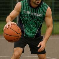 Custom Basketball New Zealand Sleeveless Hoodie Green Maori Ta Moko Indigenous - Polynesian Pride