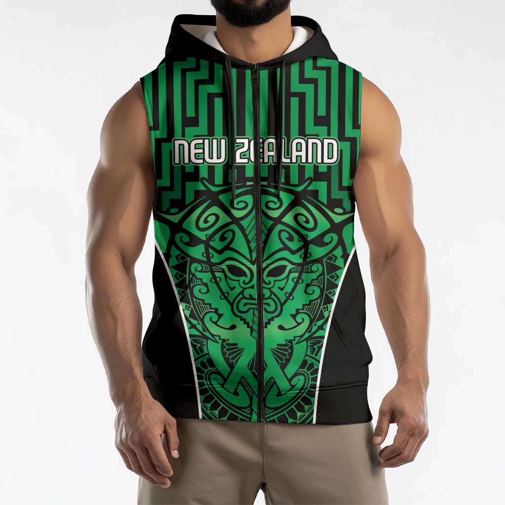 Custom Basketball New Zealand Sleeveless Zip Hoodie Green Maori Ta Moko Indigenous - Polynesian Pride