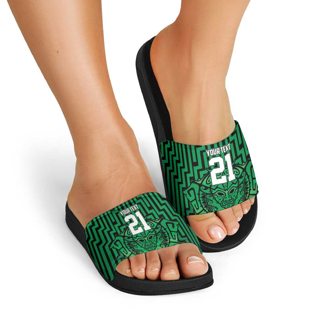 Custom Basketball New Zealand Slide Sandals Green Maori Ta Moko Indigenous - Polynesian Pride