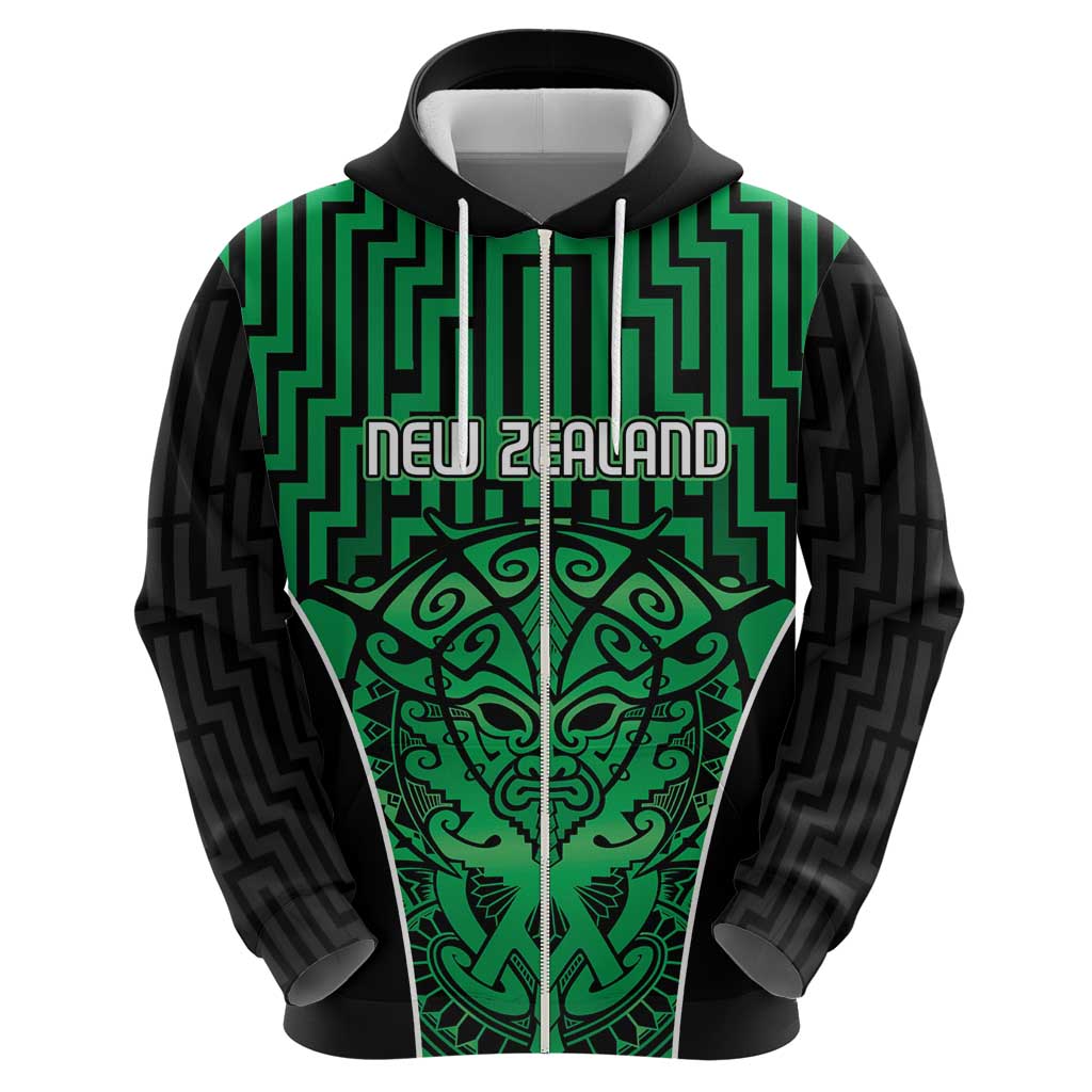Custom Basketball New Zealand Zip Hoodie Green Maori Ta Moko Indigenous LT9 - Polynesian Pride