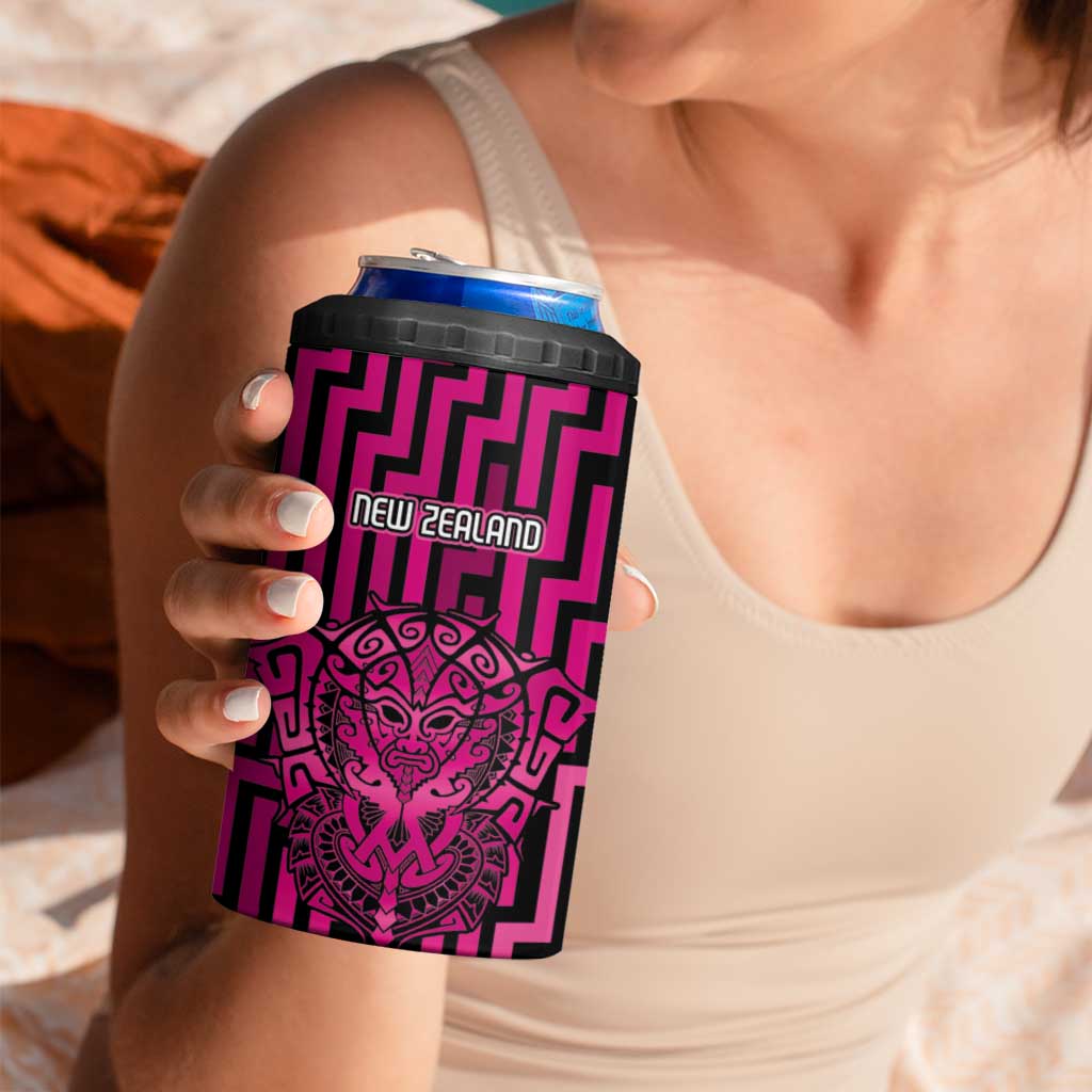 Custom Basketball New Zealand 4 in 1 Can Cooler Tumbler Pink Maori Ta Moko Indigenous - Polynesian Pride