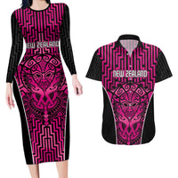 Custom Basketball New Zealand Couples Matching Long Sleeve Bodycon Dress and Hawaiian Shirt Pink Maori Ta Moko Indigenous - Polynesian Pride