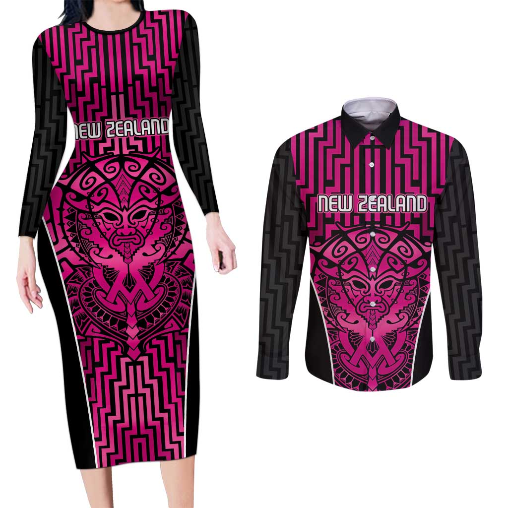 Custom Basketball New Zealand Couples Matching Long Sleeve Bodycon Dress and Long Sleeve Button Shirt Pink Maori Ta Moko Indigenous - Polynesian Pride