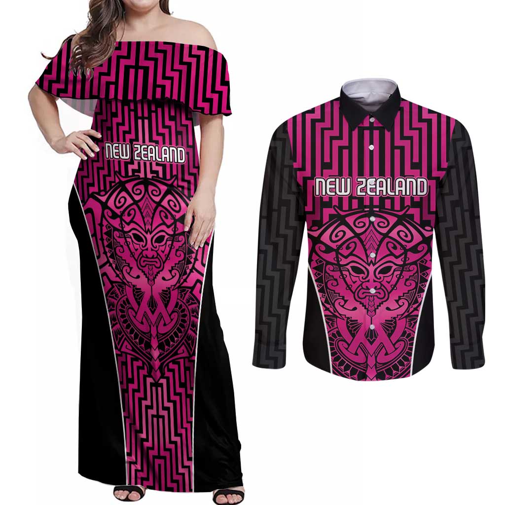 Custom Basketball New Zealand Couples Matching Off Shoulder Maxi Dress and Long Sleeve Button Shirt Pink Maori Ta Moko Indigenous - Polynesian Pride
