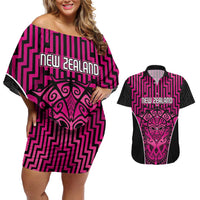 Custom Basketball New Zealand Couples Matching Off Shoulder Short Dress and Hawaiian Shirt Pink Maori Ta Moko Indigenous - Polynesian Pride