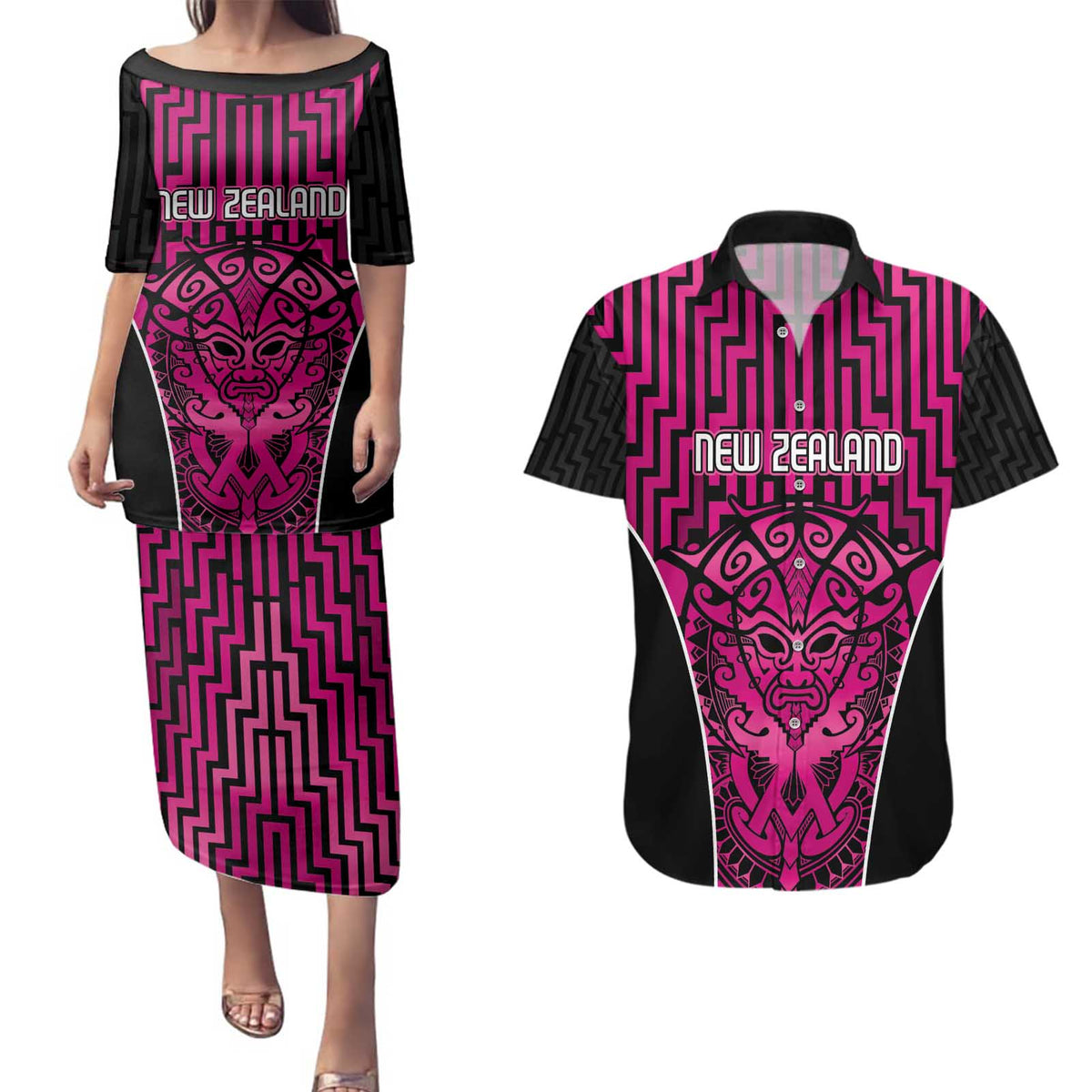 Custom Basketball New Zealand Couples Matching Puletasi and Hawaiian Shirt Pink Maori Ta Moko Indigenous - Polynesian Pride