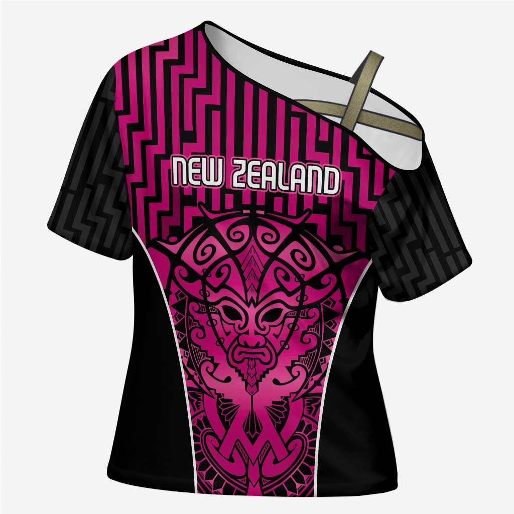 Custom Basketball New Zealand Cross Shoulder Shirt Pink Maori Ta Moko Indigenous - Polynesian Pride