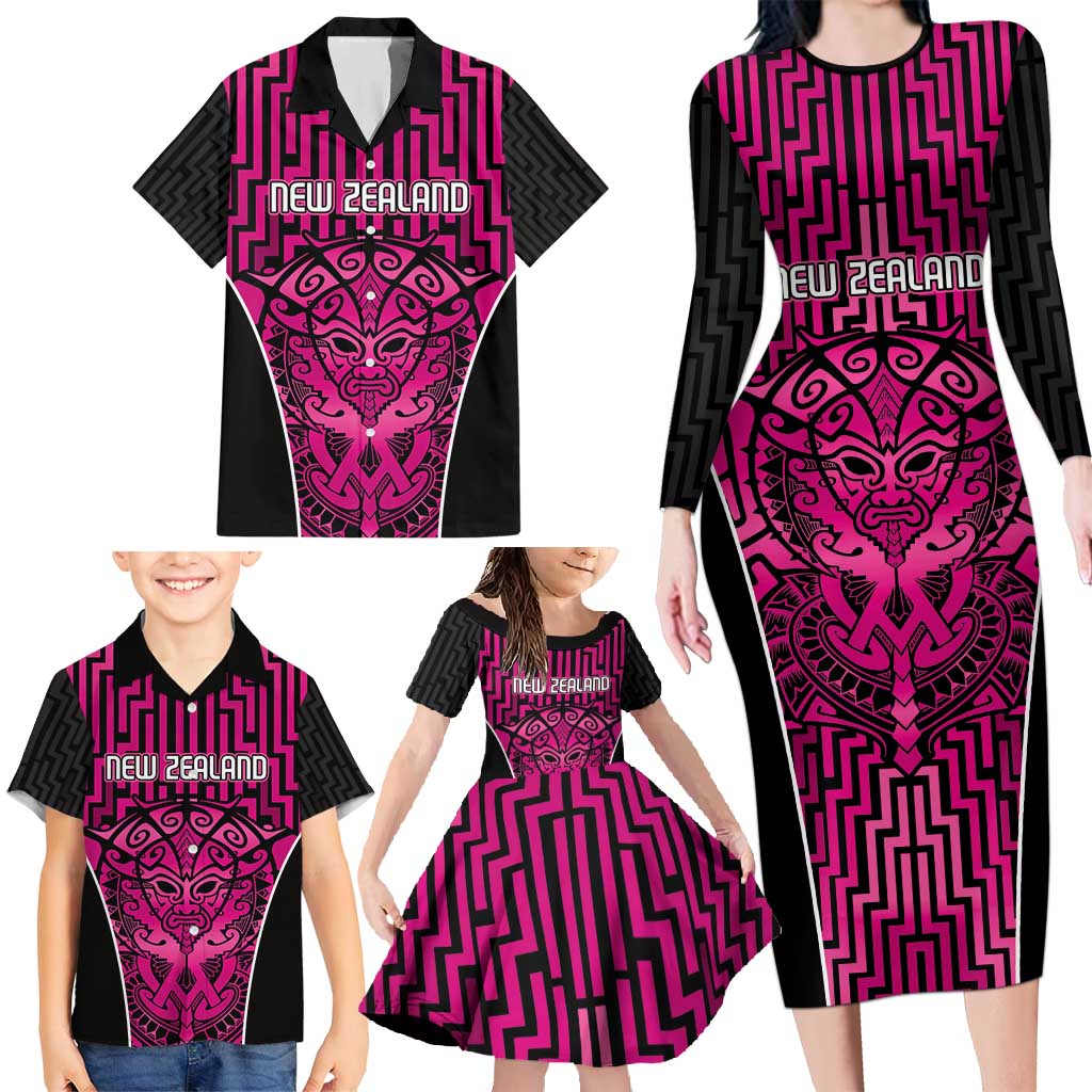 Custom Basketball New Zealand Family Matching Long Sleeve Bodycon Dress and Hawaiian Shirt Pink Maori Ta Moko Indigenous - Polynesian Pride