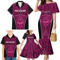 Custom Basketball New Zealand Family Matching Mermaid Dress and Hawaiian Shirt Pink Maori Ta Moko Indigenous - Polynesian Pride