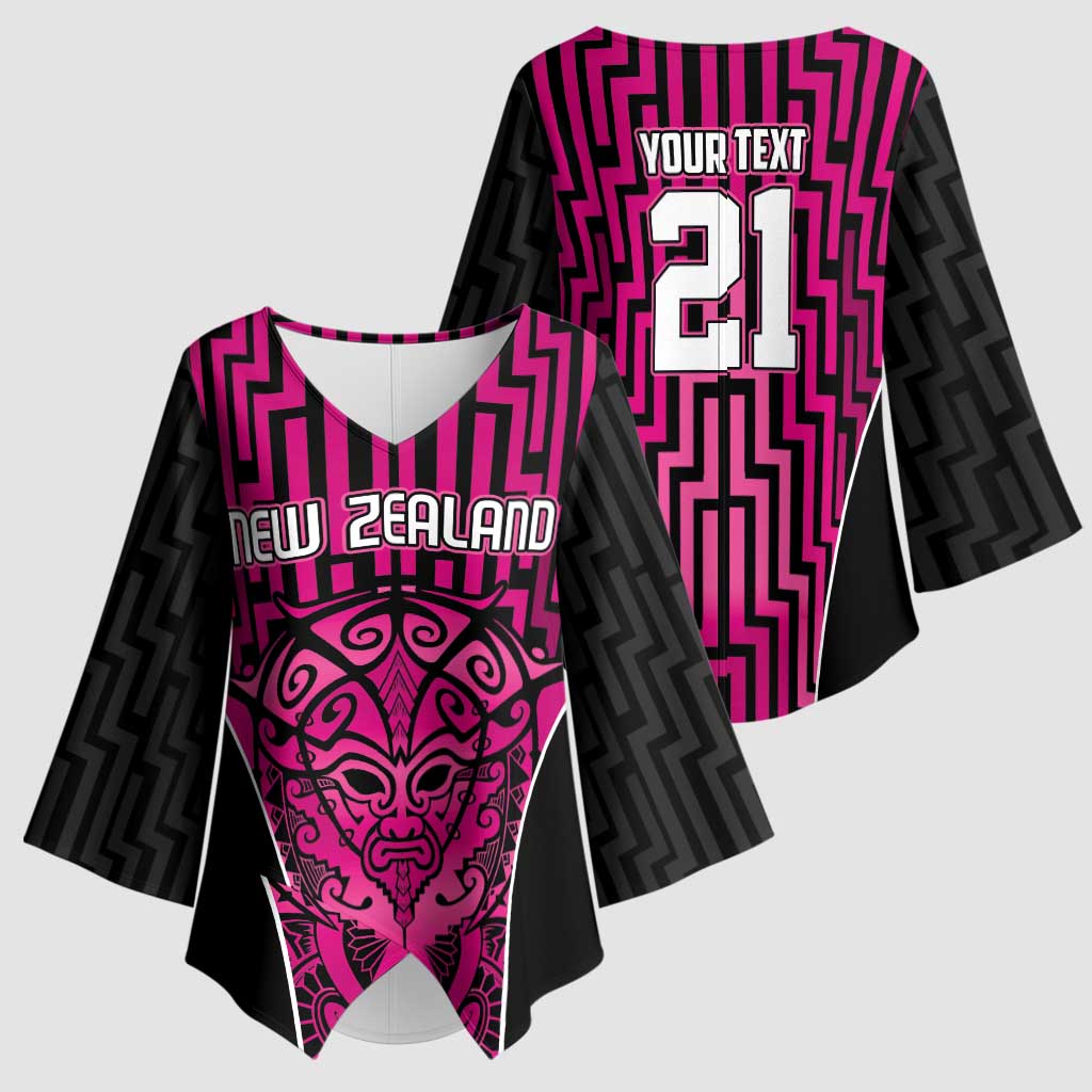 Custom Basketball New Zealand Kimono Sleeve Blouse Pink Maori Ta Moko Indigenous - Polynesian Pride