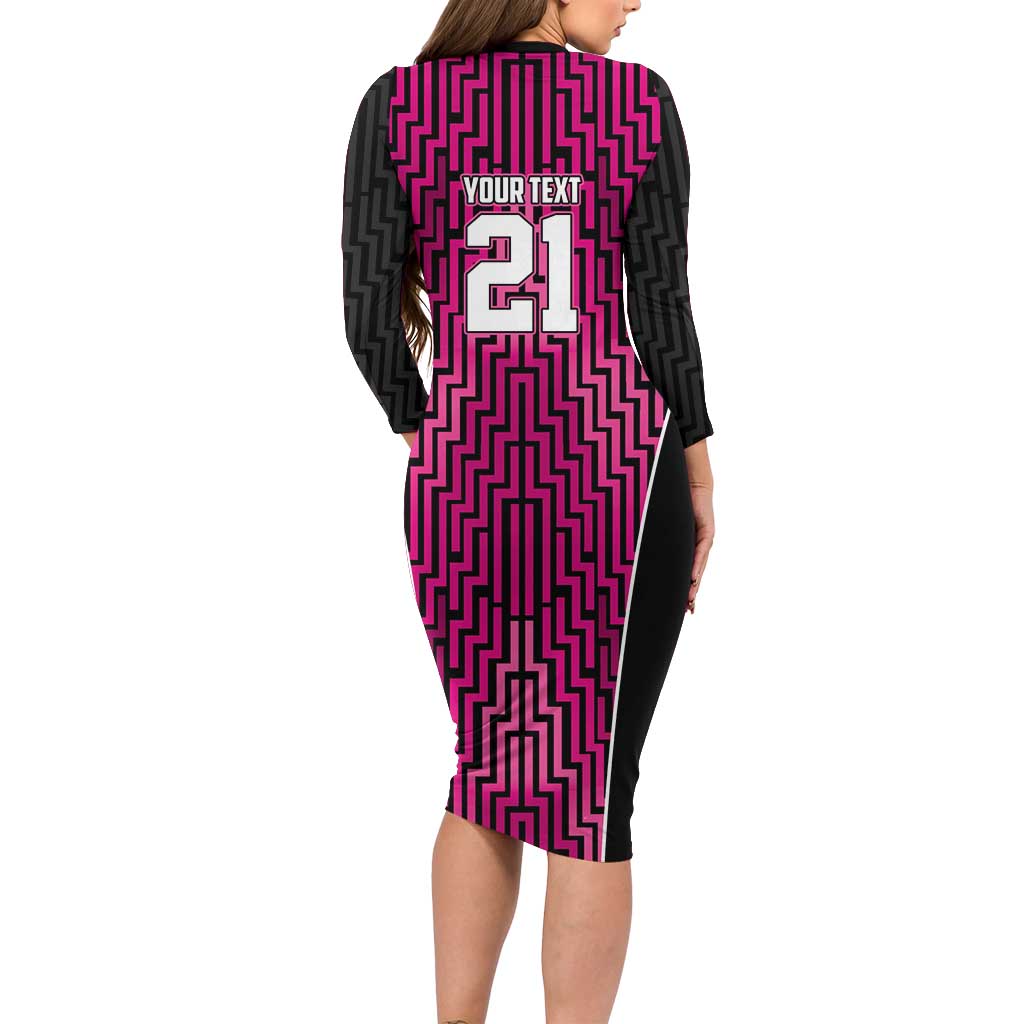 Custom Basketball New Zealand Long Sleeve Bodycon Dress Pink Maori Ta Moko Indigenous - Polynesian Pride